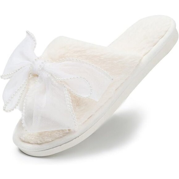 Women's White Cute Bow Open Toe Fuzzy House Memory Foam Anti Skid Slippers Shoes - Picture 2 of 9
